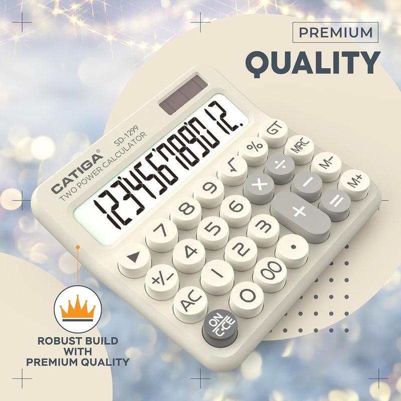 CATIGA Mechanical Switch Calculator with Solar and Battery Dual Power, 12-Digit Large LCD Display, Aesthetic and Cute Desktop Calculator with Big Button, for Home, School and Office Use, SD-1299 - Image 3